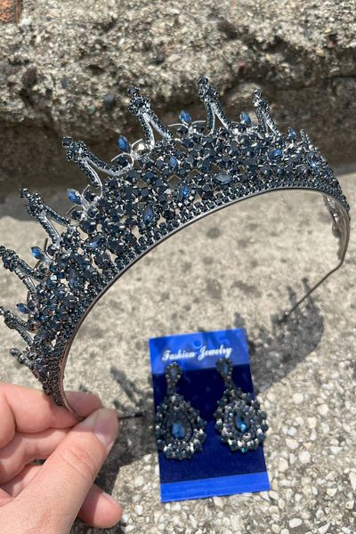Hobigram Catalina Navy Blue Bridal Henna Crown Special Day Accessory Women's Crown and Drop Shuttle Earrings Set