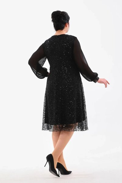 angelino butik Büyük Beden Payetli Kruvaze Şifon Kol Midi Siyah Abiye Elbise KL3083