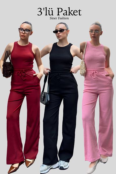 Siner Fashion Women's 3-Piece Halter Neck Tank Top High Waist Pants Bottom Top Set