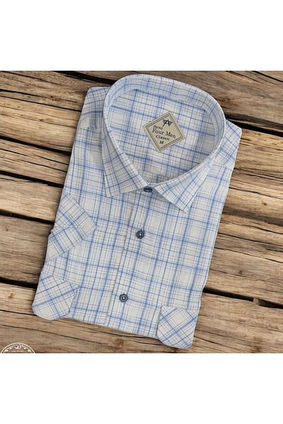 GÖMLEK GALERİSİ Men's Classic Loose Fit Double Pocket Plaid Linen Short Sleeve Shirt