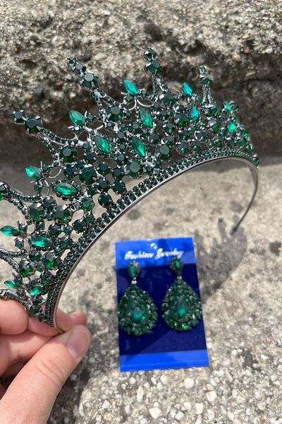 Hobigram Catalina Green Bridal Henna Crown Special Occasion Accessory Women's Crown and Drop Shuttle Earring Set