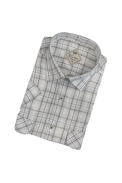 GÖMLEK GALERİSİ Men's Classic Loose Fit Double Pocket Plaid Linen Short Sleeve Shirt