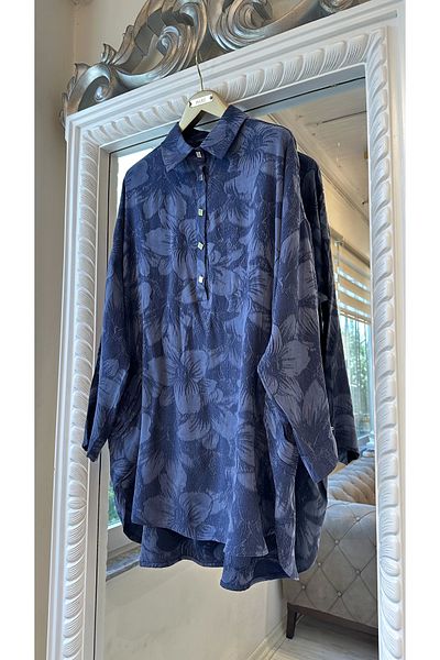 Invee Invee 7109 Floral Patterned Shirt - Navy Blue