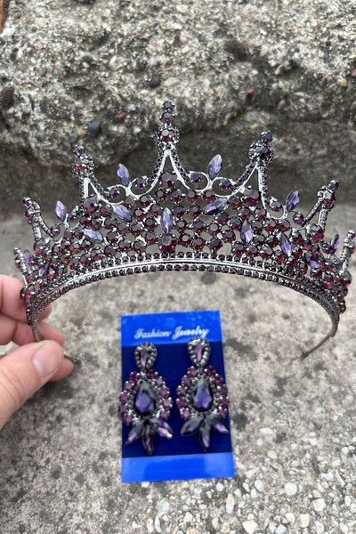 Hobigram Catalina Purple Bridal Henna Crown Special Occasion Accessory Women's Crown and Three Shuttle Earrings Set