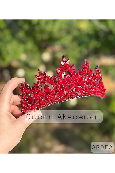 QUEEN AKSESUAR Ardea Ruby Red Crystal Stone Luxury Design Engagement Bridal Tiara Metal Crown with High Authentic Motif
