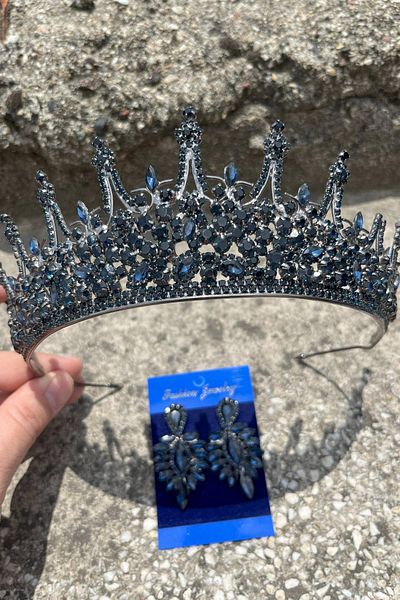Hobigram Catalina Navy Blue Bridal Henna Crown Special Occasion Accessory Women's Crown and Thin Shuttle Earring Set