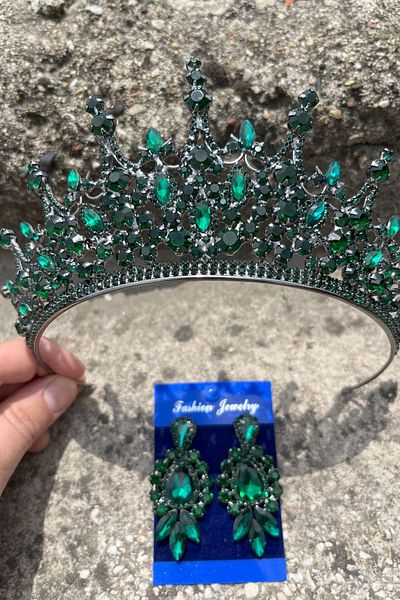 Hobigram Catalina Green Bridal Henna Crown Special Occasion Accessory Women's Crown and Three Shuttle Earrings Set