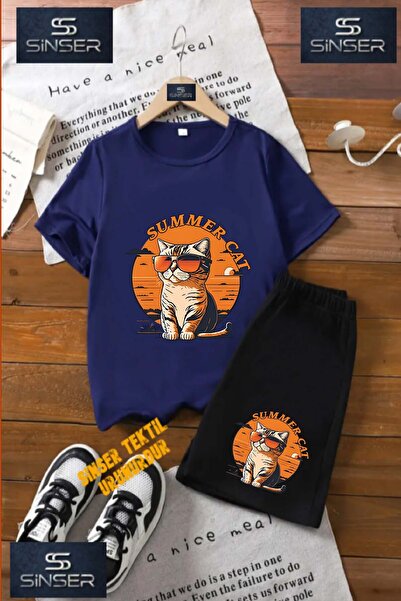 SS SİNSER Tricou cu gât rotund cu imprimeu special pentru copii „cat Gozluklu...