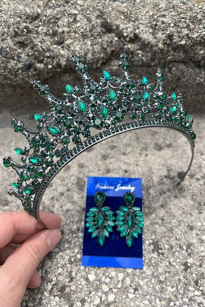 Hobigram Catalina Green Bridal Henna Crown Special Occasion Accessory Women's Crown and Thin Shuttle Earring Set