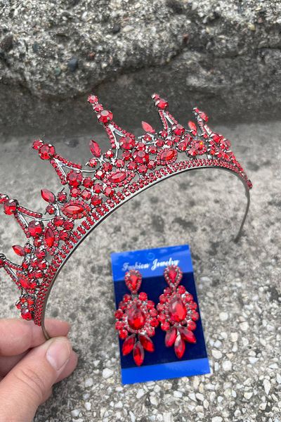 Hobigram Catalina Red Bridal Henna Crown Special Occasion Accessory Women's Crown and Three Shuttle Earrings Set