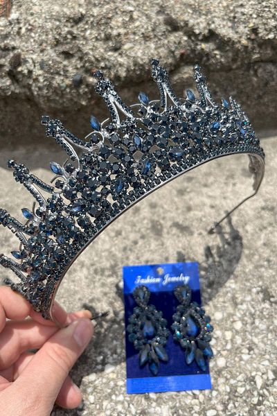 Hobigram Catalina Navy Blue Bridal Henna Crown Special Day Accessory Women's Crown and Three Shuttle Earrings Set