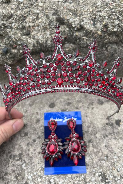 Hobigram Catalina Burgundy Bridal Henna Crown Special Occasion Accessory Women's Crown and Wide Shuttle Earring Set