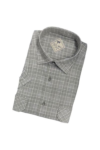 GÖMLEK GALERİSİ Men's Classic Loose Fit Double Pocket Plaid Linen Short Sleeve Shirt