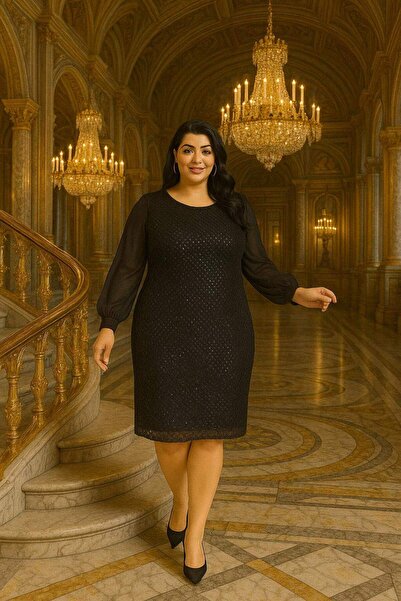 angelino butik Büyük Beden Mini Payet Şifon Kollu Abiye Elbise KL3113 Siyah