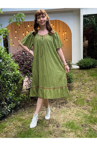 Butik Esra Kandemir Summer Cotton Fabric Lined Large Size Dress - 1058