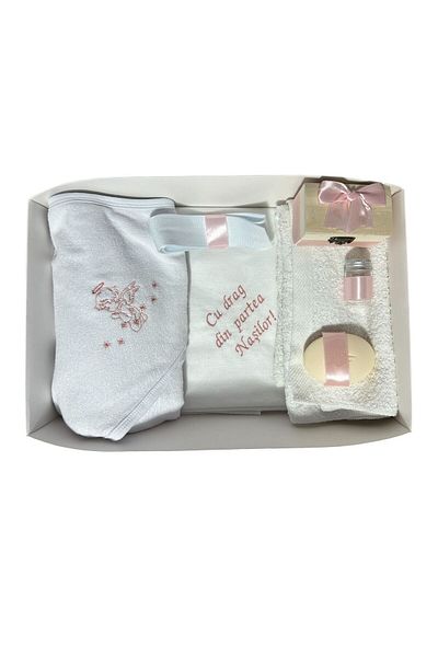 Botez Angel baptism kit, 7 pieces, powder, in box, cotton, with the message "With love from the godparents"
