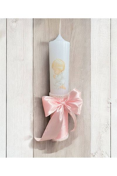 Botez Angel baptism candle with ribbon – powder