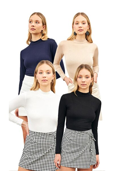 Bukamiss Body cu gât 4 piese pentru femei, alb, negru, crem, bleumarin
