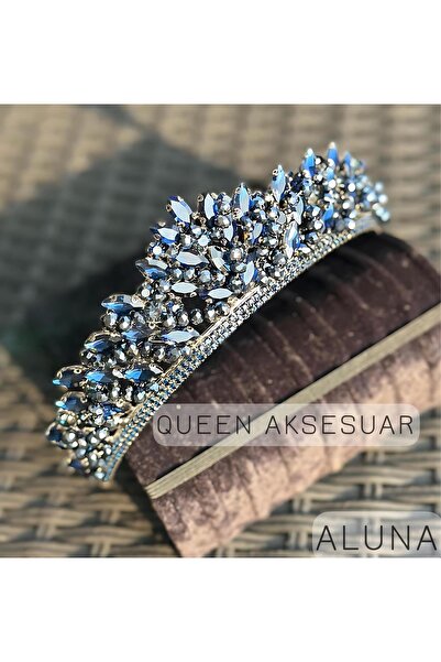 QUEEN AKSESUAR ALUNA تاج زفاف من الياقوت الأزرق الليلي والأحجار الكريمة الكريستالية الفاخرة بتصميم فاخر وقبعة معدنية مع تصميم أصلي