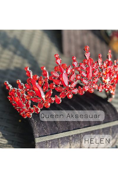 QUEEN AKSESUAR Helen Ruby Red Crystal Stone Luxury Design Engagement Bridal Tiara Metal Crown High Authentic Motif