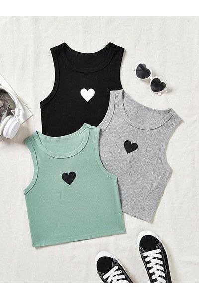 BEBEĞİME ÇORAP Tricou pentru fetiță, din lycra, cu decolteu, cu imprimeu inimă, cu crop crop