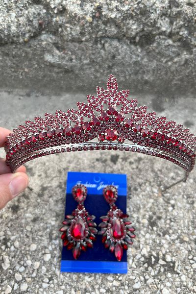 Hobigram Daniela Burgundy Bridal Henna Crown Special Occasion Accessory Women's Crown and Wide Shuttle Earring Set