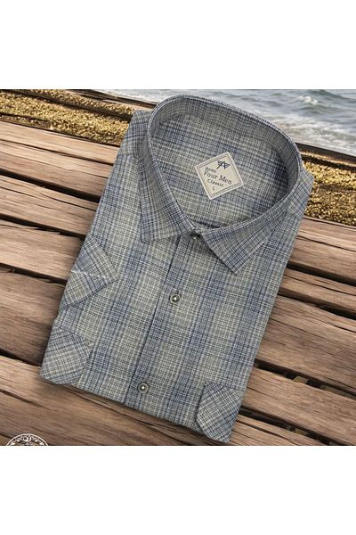 GÖMLEK GALERİSİ Men's Classic Loose Fit Double Pocket Plaid Linen Short Sleeve Shirt