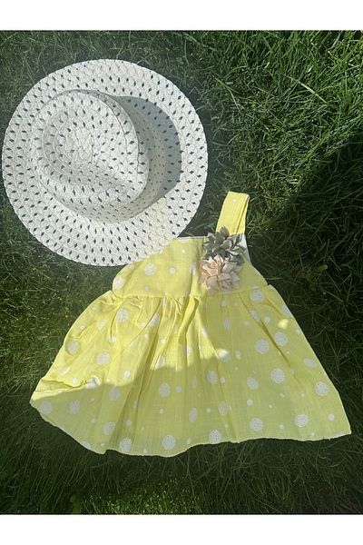 SANTRALBEBE Baby Girl Spotted Strap Straw Hat Dress