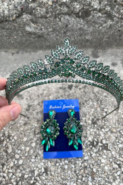 Hobigram Daniela Green Bridal Henna Crown Special Occasion Accessory Women's Crown and Three Shuttle Earrings Set