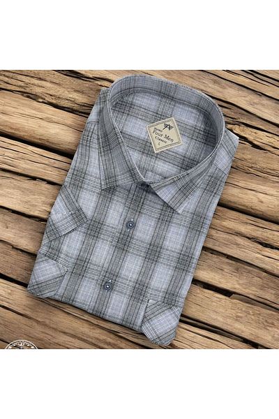 GÖMLEK GALERİSİ Men's Classic Loose Fit Double Pocket Plaid Linen Short Sleeve Shirt