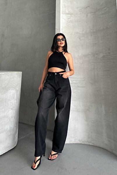 DESTEMODA Dámské volné džíny s přezkou na pásek, efekt černé barvy 4003