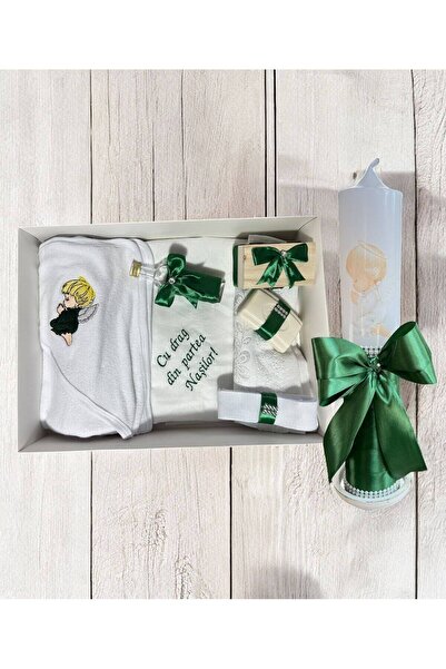 Botez Set trusou si lumanare ingeras brodat verde