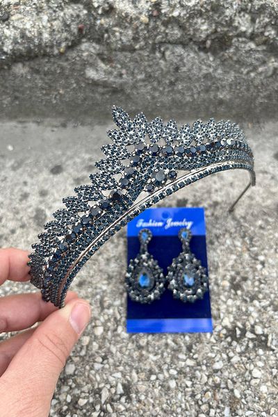 Hobigram Daniela Navy Blue Bridal Henna Crown Special Occasion Accessory Women's Crown and Drop Shuttle Earring Set