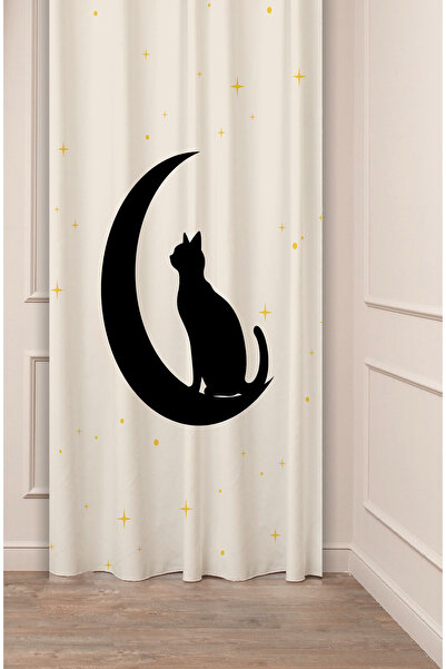 GREENDECOR Cat Moon Star Bohemian Patterned Special Design Digital Printed (Single Wing) Modern Stylish Cream Beige Background Curtain