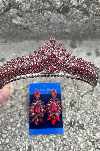Hobigram Daniela Burgundy Bridal Henna Crown Special Occasion Accessory Women's Crown and Three Shuttle Earrings Set