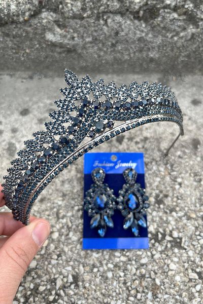 Hobigram Daniela Navy Blue Bridal Henna Crown Special Occasion Accessory Women's Crown and Three Shuttle Earrings Set