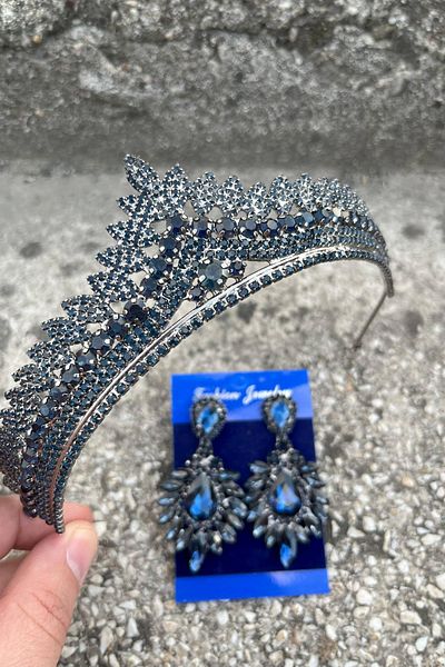 Hobigram Daniela Navy Blue Bridal Henna Crown Special Occasion Accessory Women's Crown and Wide Shuttle Earring Set