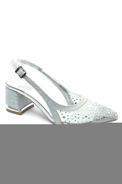 KOCAMANLAR Feles Open Back Transparent Stone Detailed Cinderella Women's Short Heeled Shoes Silver