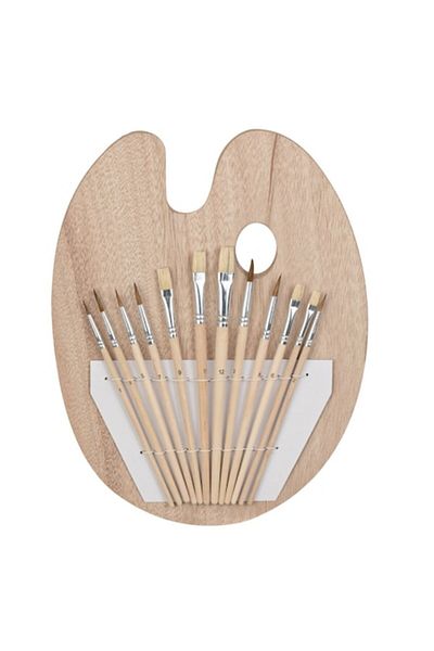 SyaMAG Set Pensule Pictura, Varf Rotund si Plat, 13 Piese, Bej, Lemn, Paleta Ovala 24x30cm