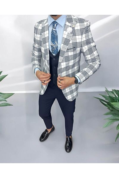 dehaine Sacou pentru barbati, slim fit, in carouri, 715, albastru