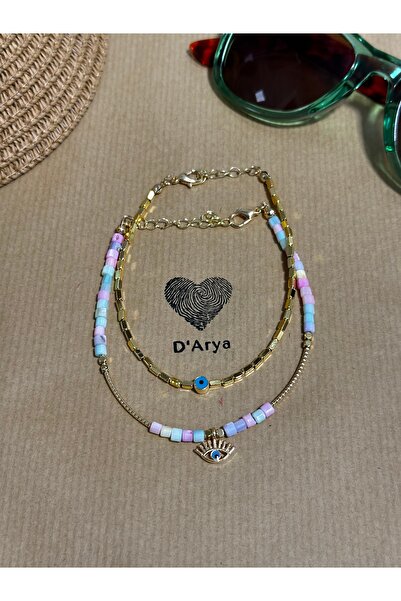 Darya Dd322 2-Piece Evil Eye Bead Detailed Gold & Colored Bead Anklet Handmade
