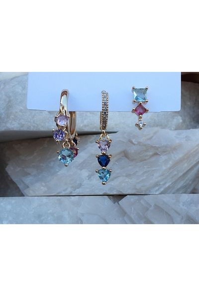 NFS BUTİK Colorful Baguette & Zircon Stone Set of 3 Steel Earrings