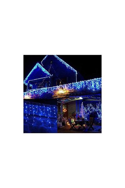 SIKS Brad de Crăciun, 8 m, 8 efecte luminoase, franjuri de 30 cm, exterior/interior, sârmă albă, albastru