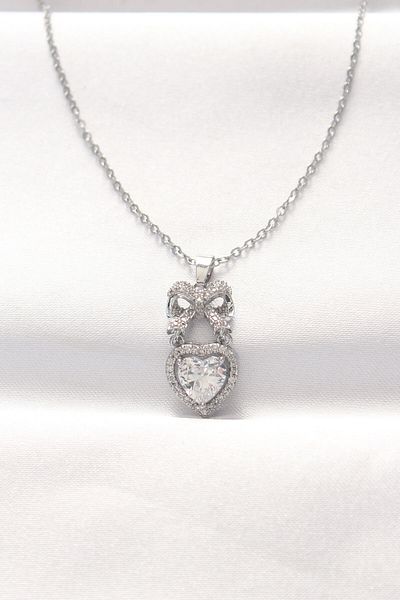 Skygo 316L Heart Bow Necklace with Zirconia - Silver Color TJ-BKO8519