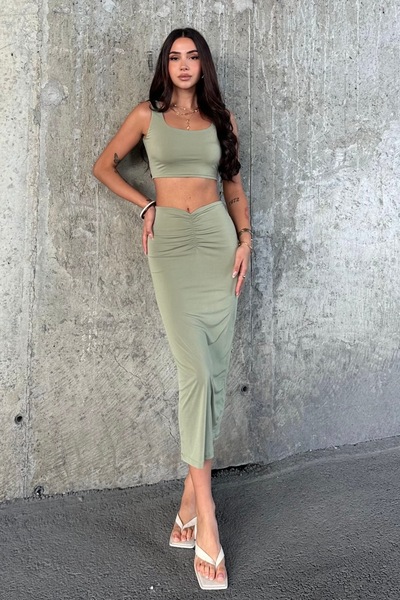 FEWTİNT Skirt Suit - Front Tie Detail, Lined, Midi Length Skirt. Thick Straps, Crop Bluz.