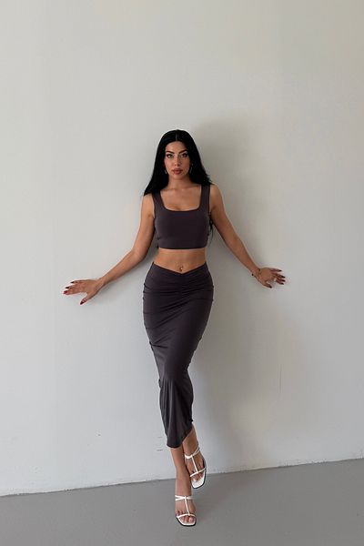 FEWTİNT Skirt Suit - Front Tie Detail, Lined, Midi Length Skirt. Thick Straps, Crop Bluz.
