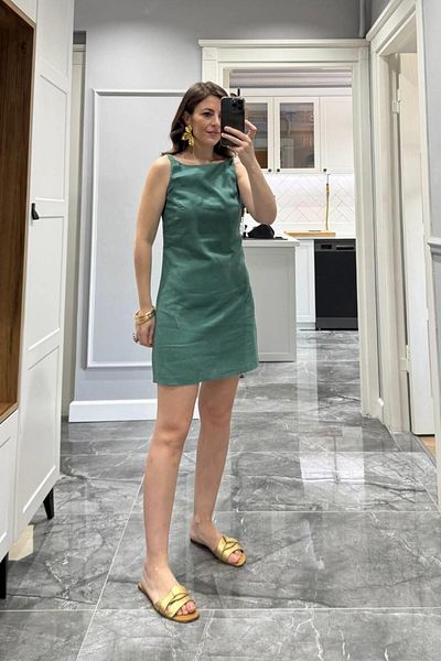 Banu Angay Rochie căptușită din in Antoryum Verde