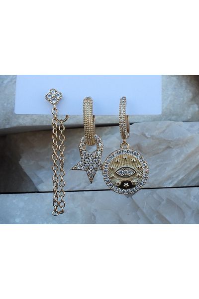 NFS BUTİK Set of 3 Steel Earring Models with Zircon & Baguette Stones