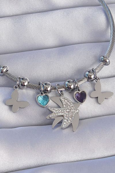 Skygo 316L Steel Silver Color Zircon Stone Bird Design Butterfly Detail Charm Bracelet - Tj-Bb6194