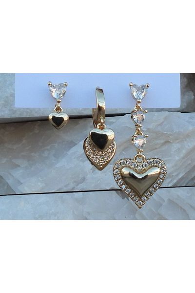 NFS BUTİK Set of 3 Steel Earring Models with Zircon & Baguette Stones